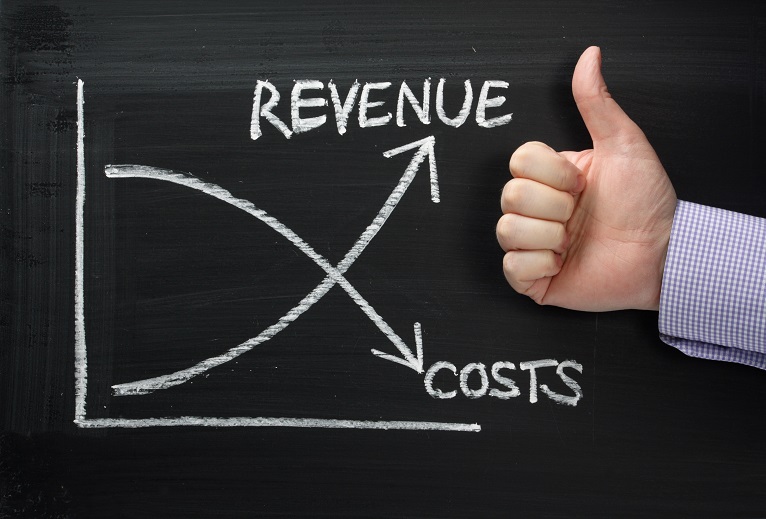 Revenue Versus Costs on a Blackboard with Thumbs Up